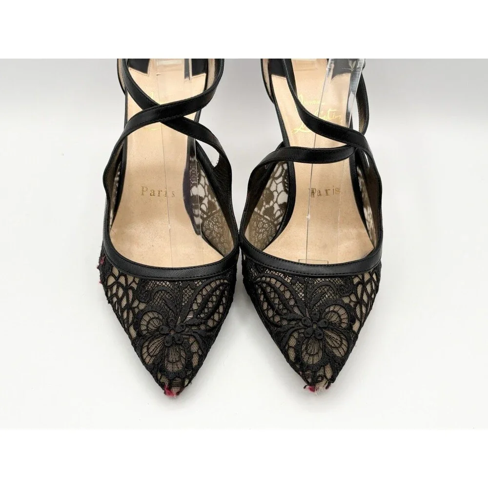 Christian Louboutin Black Leather & Lace Twistissima Pointed Heels Size EU 37.5